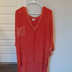 POL Orange Distressed V-Neck Tunic with Patch Pocket Size Small, Loose & Flowy